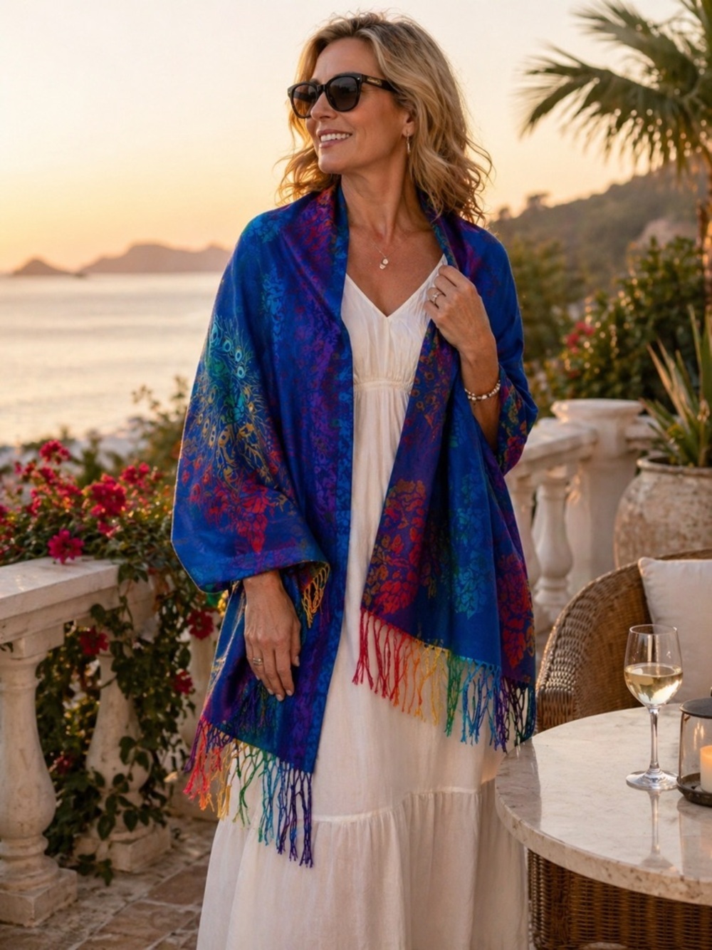 Vibrant Peacock Pashmina Shawl Rainbow Ombre Fringe Wrap Resort Boho Luxe